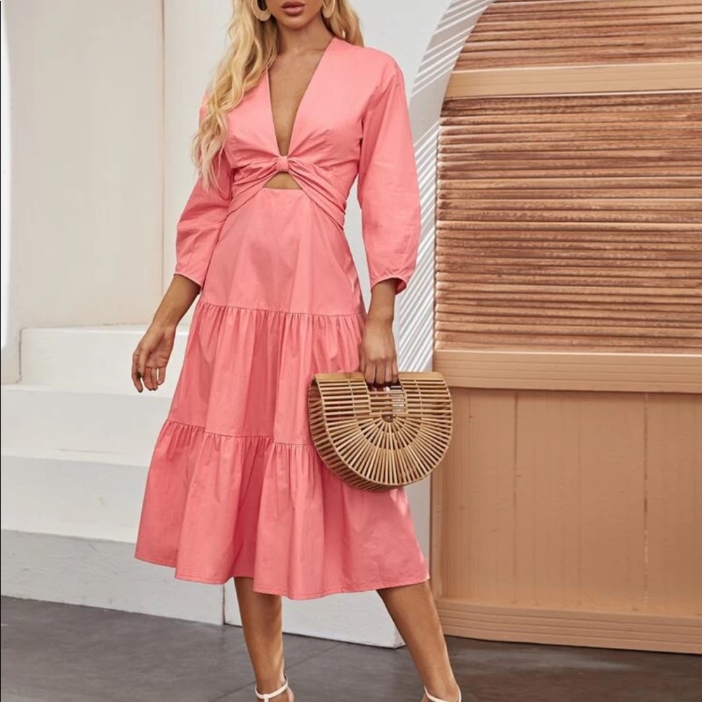Salmon/coral Plunging neck flounce hem dress